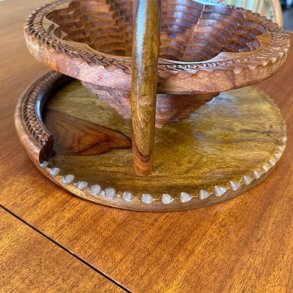 Vintage Hand Carved Rosewood Wooden Folding Basket Trivet with Handle - Picture 7 of 13